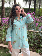 Cotton Chikankari Solid Women's Shirt Tunic with Floral Embroidery - Aqua Blue