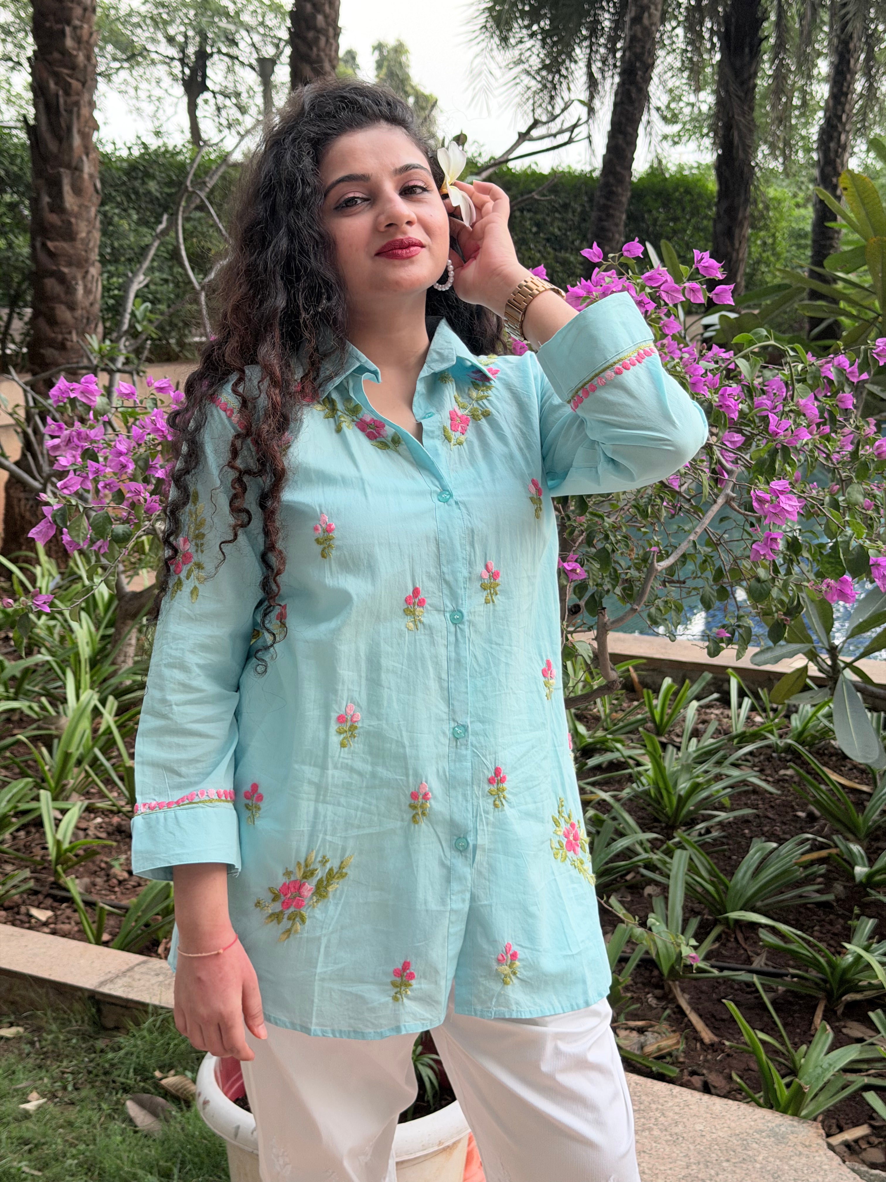 Aqua Blue Floral Chikankari Cotton Shirt Tunic