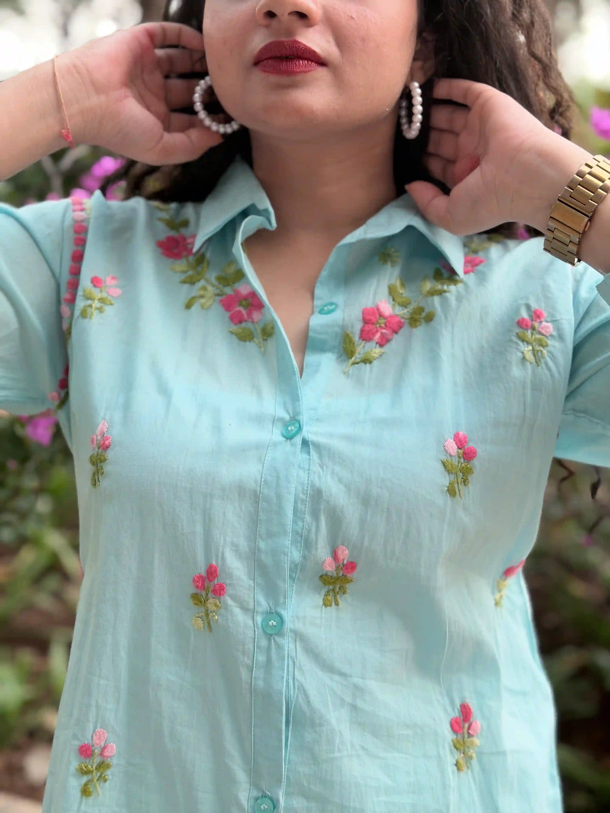 Cotton Chikankari Solid Women's Shirt Tunic with Floral Embroidery - Aqua Blue
