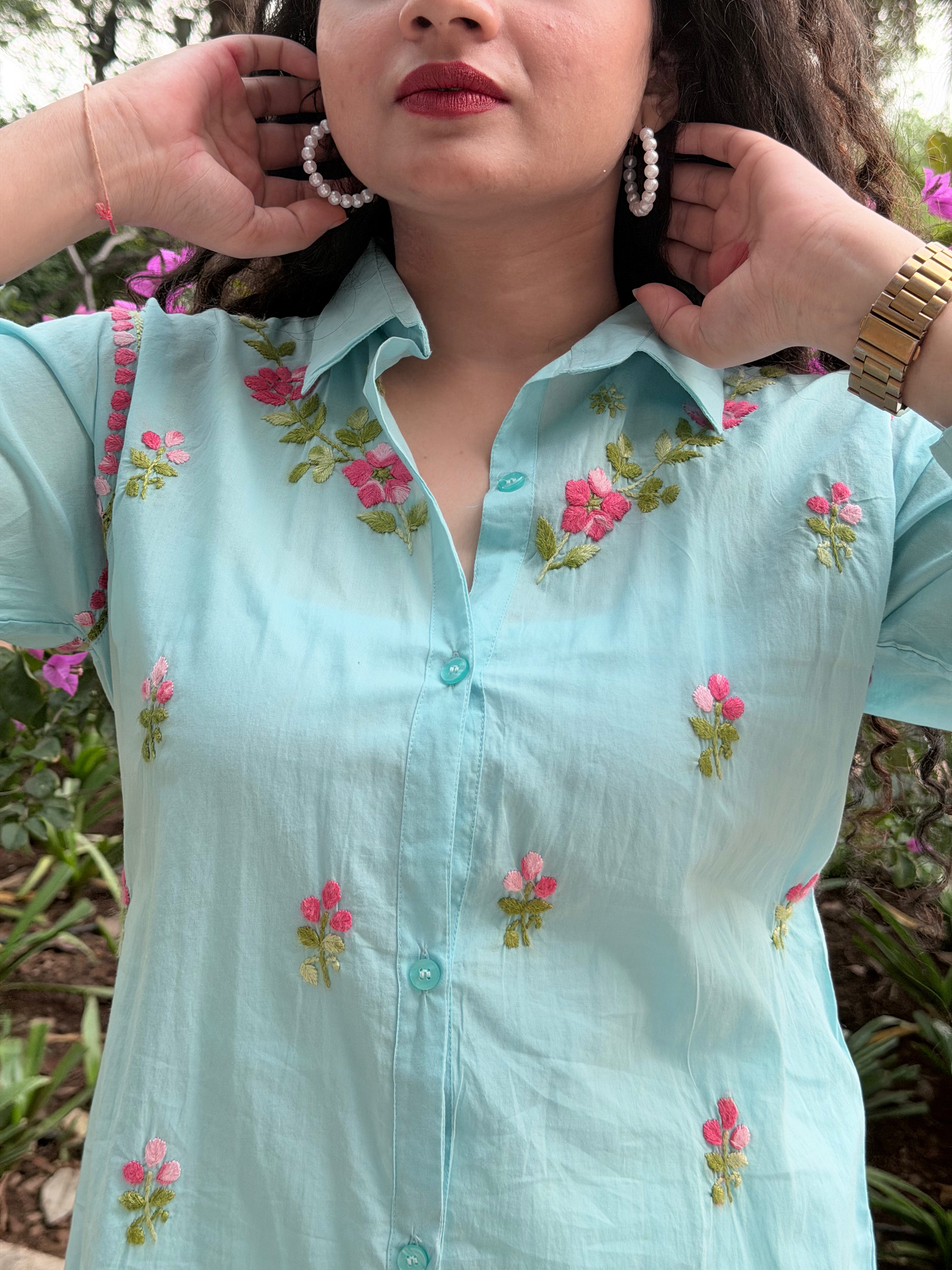 Aqua Blue Floral Chikankari Cotton Shirt Tunic