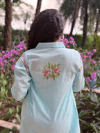 Cotton Chikankari Solid Women's Shirt Tunic with Floral Embroidery - Aqua Blue