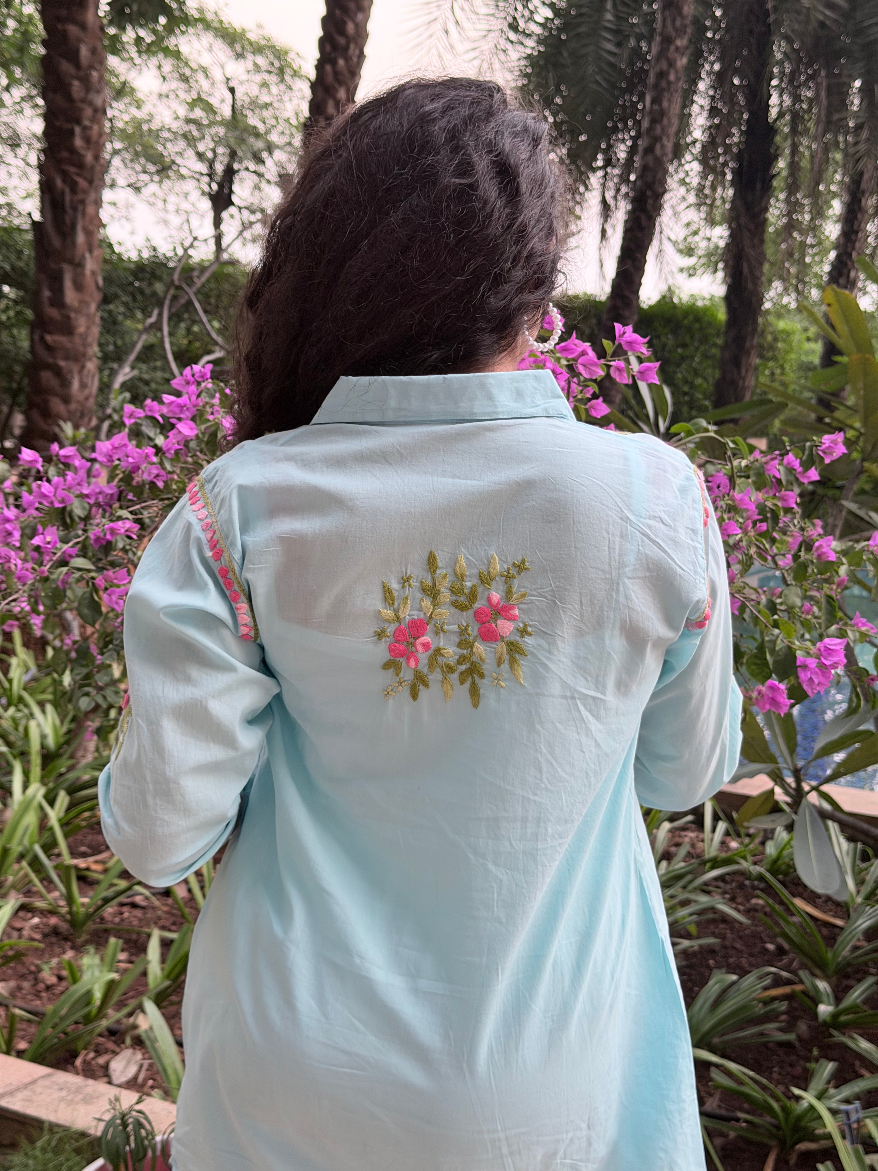 Aqua Blue Floral Chikankari Cotton Shirt Tunic