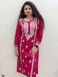 Cotton Chikankari Solid Women's Long Kurta - Red