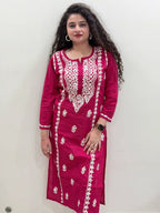 Cotton Chikankari Solid Women's Long Kurta - Red