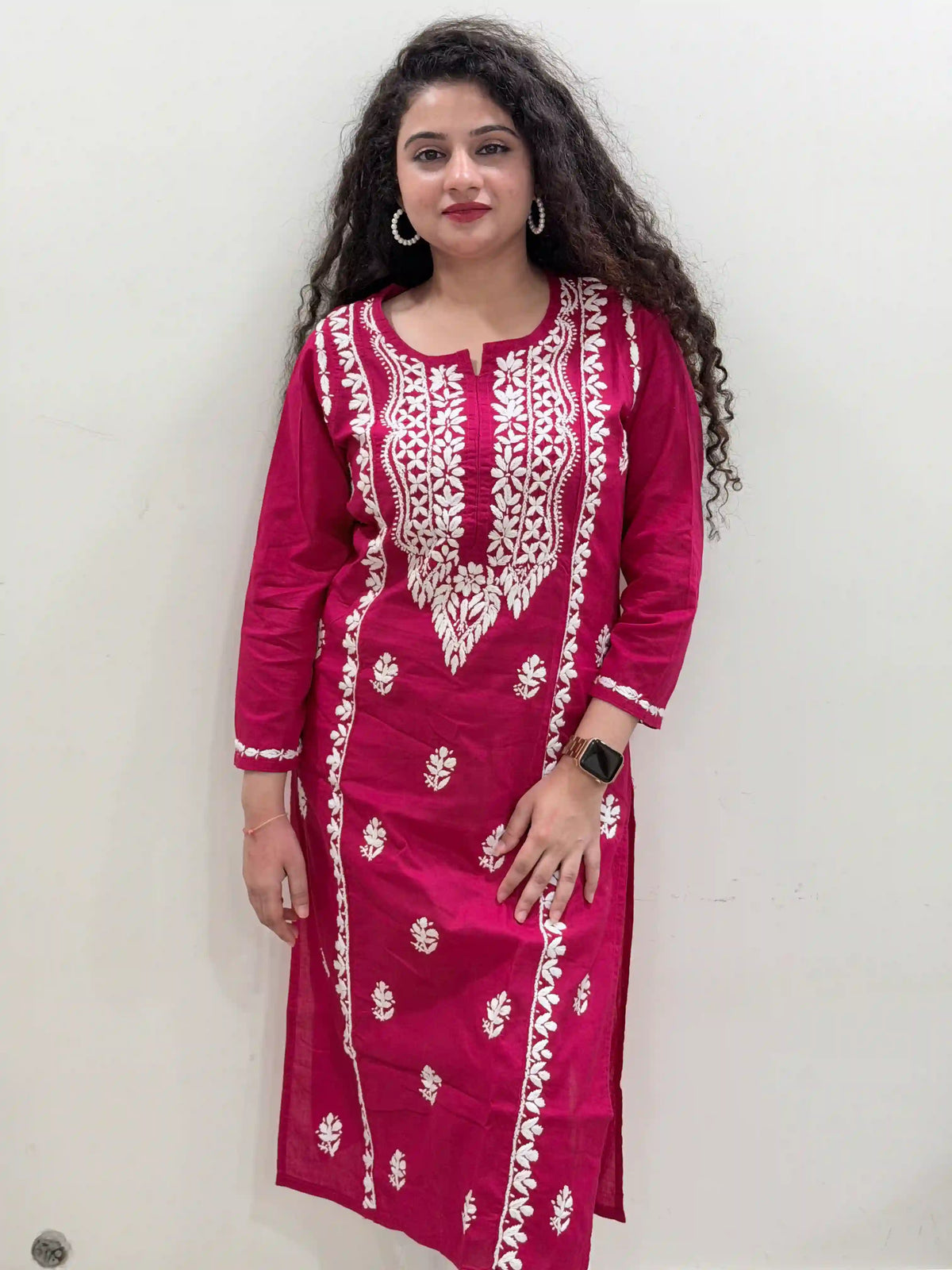 Cotton Chikankari Solid Women's Long Kurta - Red