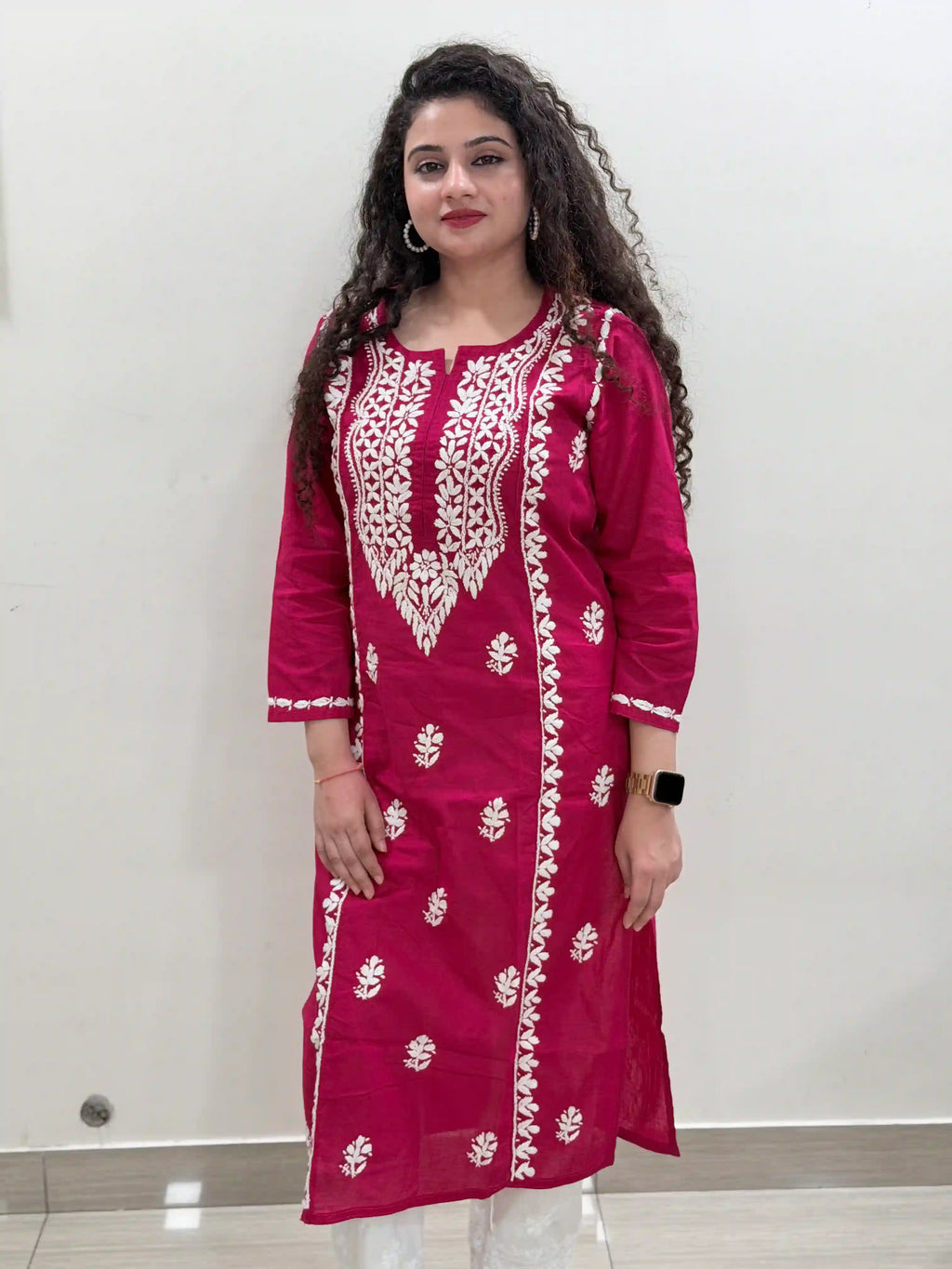 Cotton Chikankari Solid Women's Long Kurta - Red