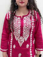 Cotton Chikankari Solid Women's Long Kurta - Red