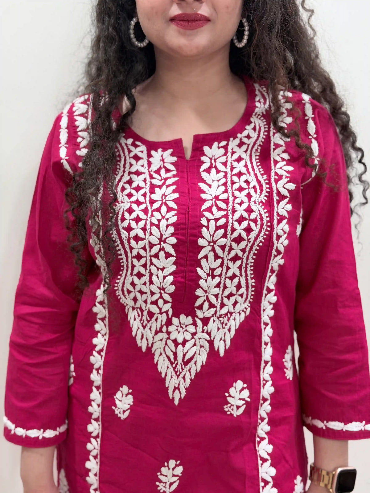 Cotton Chikankari Solid Women's Long Kurta - Red