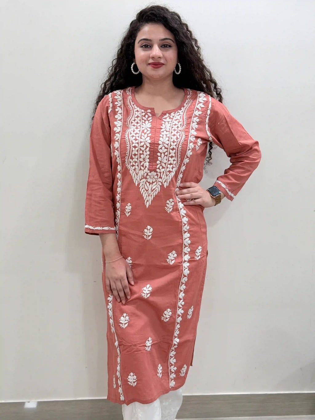 Cotton Chikankari Solid Women's Long Kurta - Brick Red