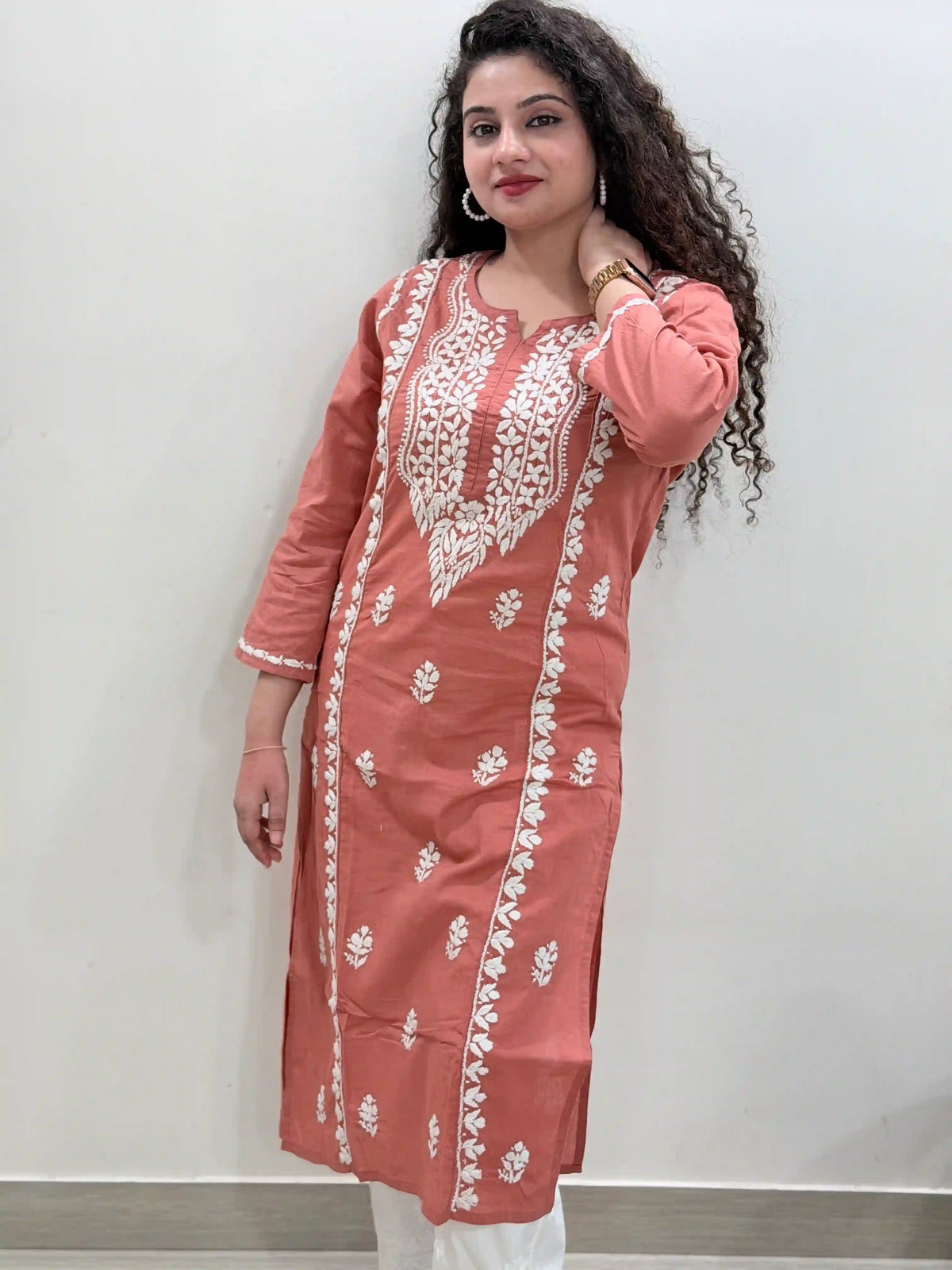 Cotton Chikankari Solid Women's Long Kurta - Brick Red