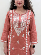 Cotton Chikankari Solid Women's Long Kurta - Brick Red
