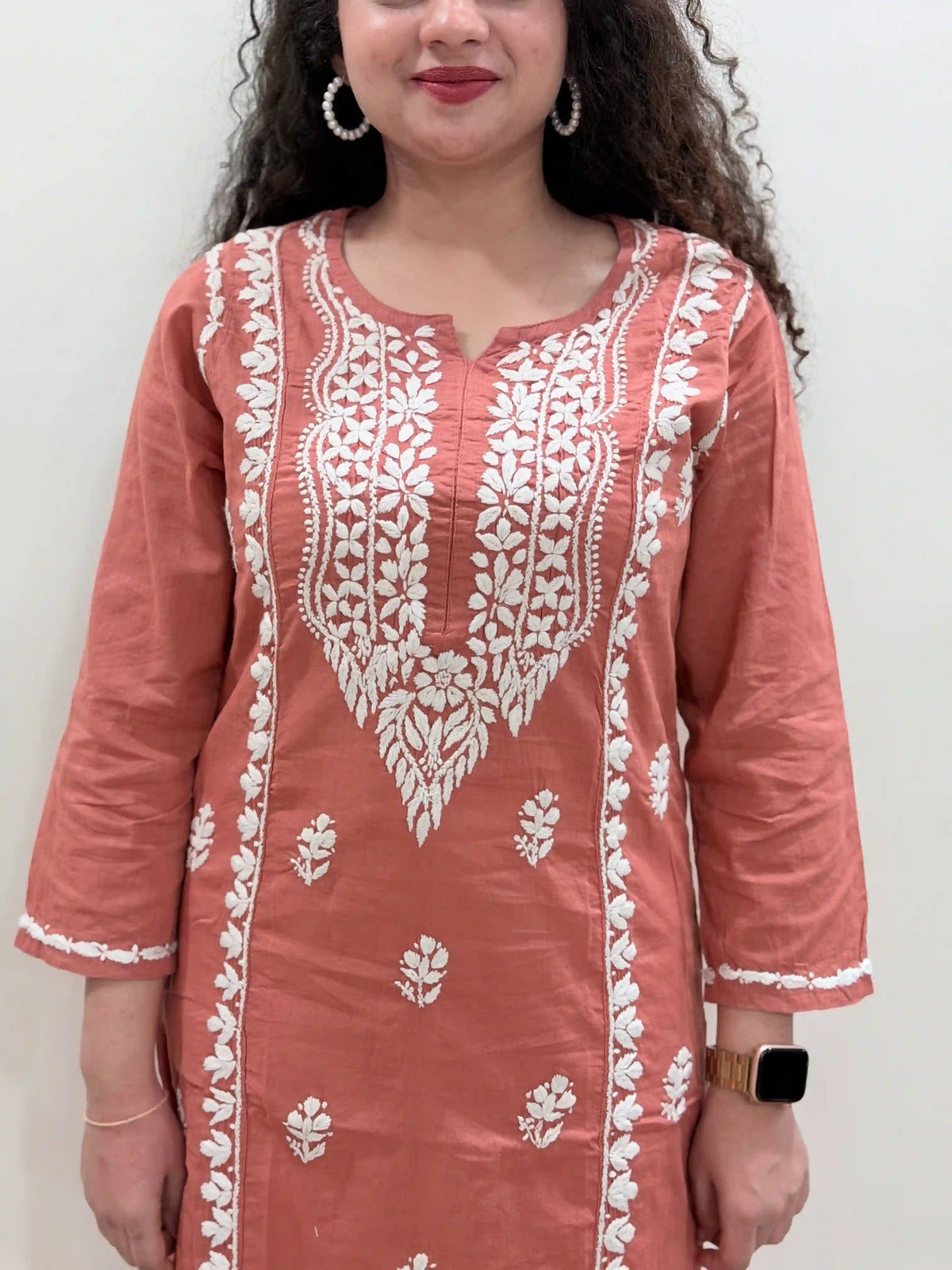 Cotton Chikankari Solid Women's Long Kurta - Brick Red