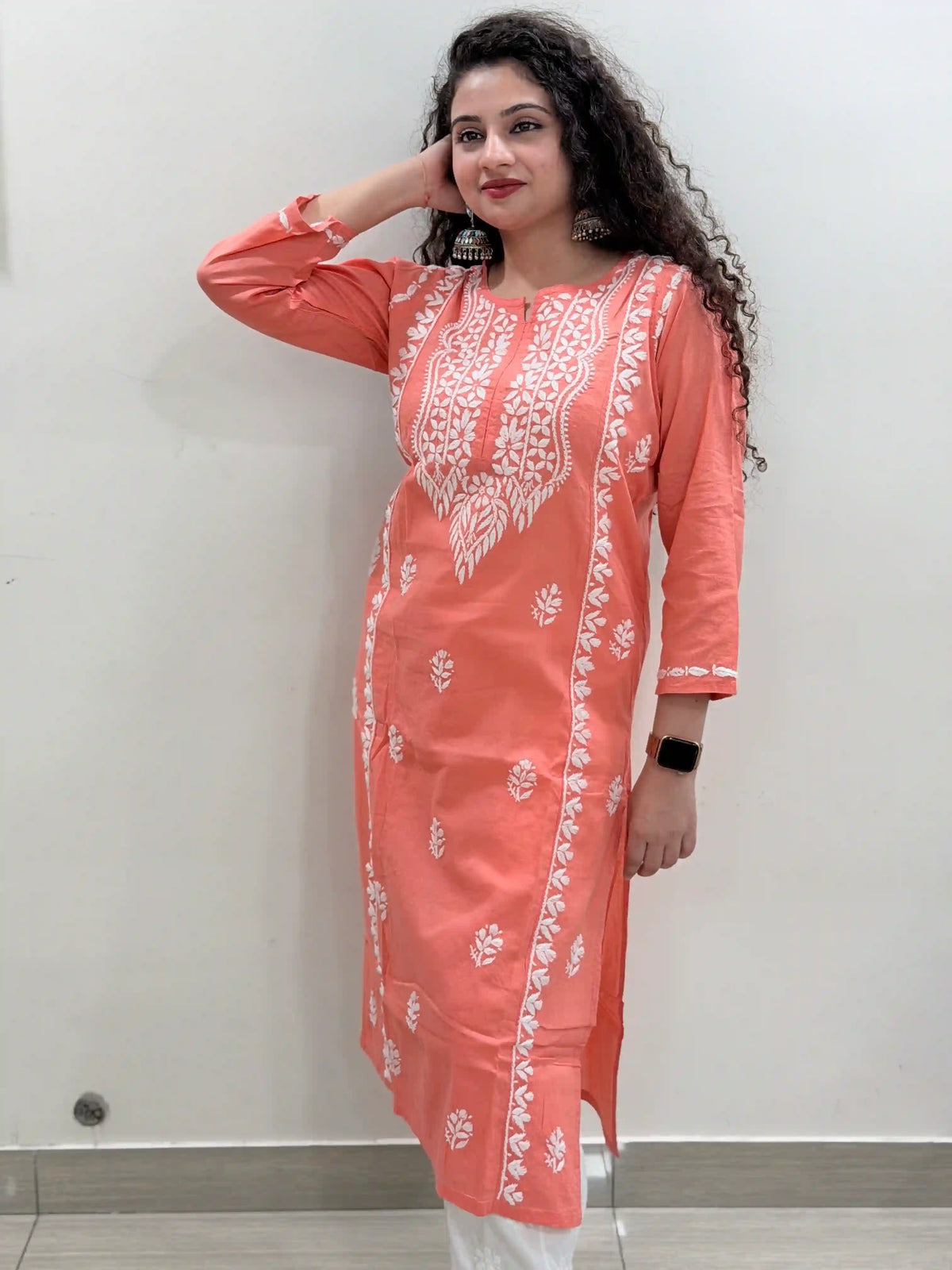 Cotton Chikankari Solid Women's Long Kurta - Carrot Orange