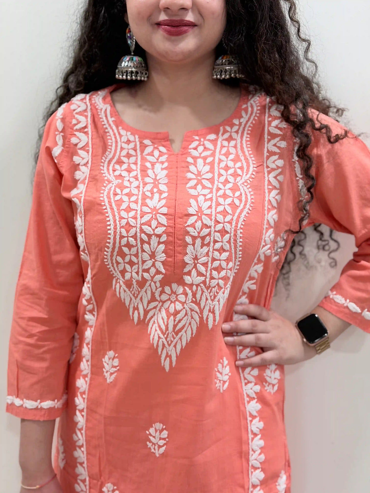 Cotton Chikankari Solid Women's Long Kurta - Carrot Orange