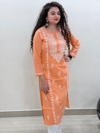 Cotton Chikankari Solid Women's Long Kurta - Peach