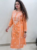 Cotton Chikankari Solid Women's Long Kurta - Peach