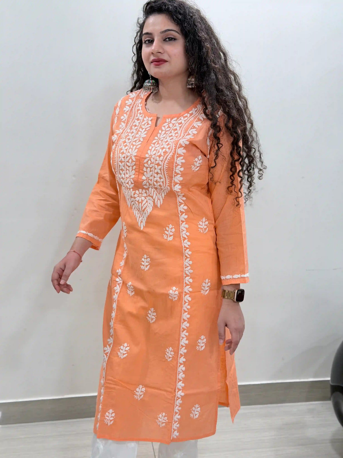 Cotton Chikankari Solid Women's Long Kurta - Peach