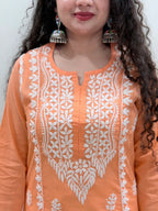 Cotton Chikankari Solid Women's Long Kurta - Peach