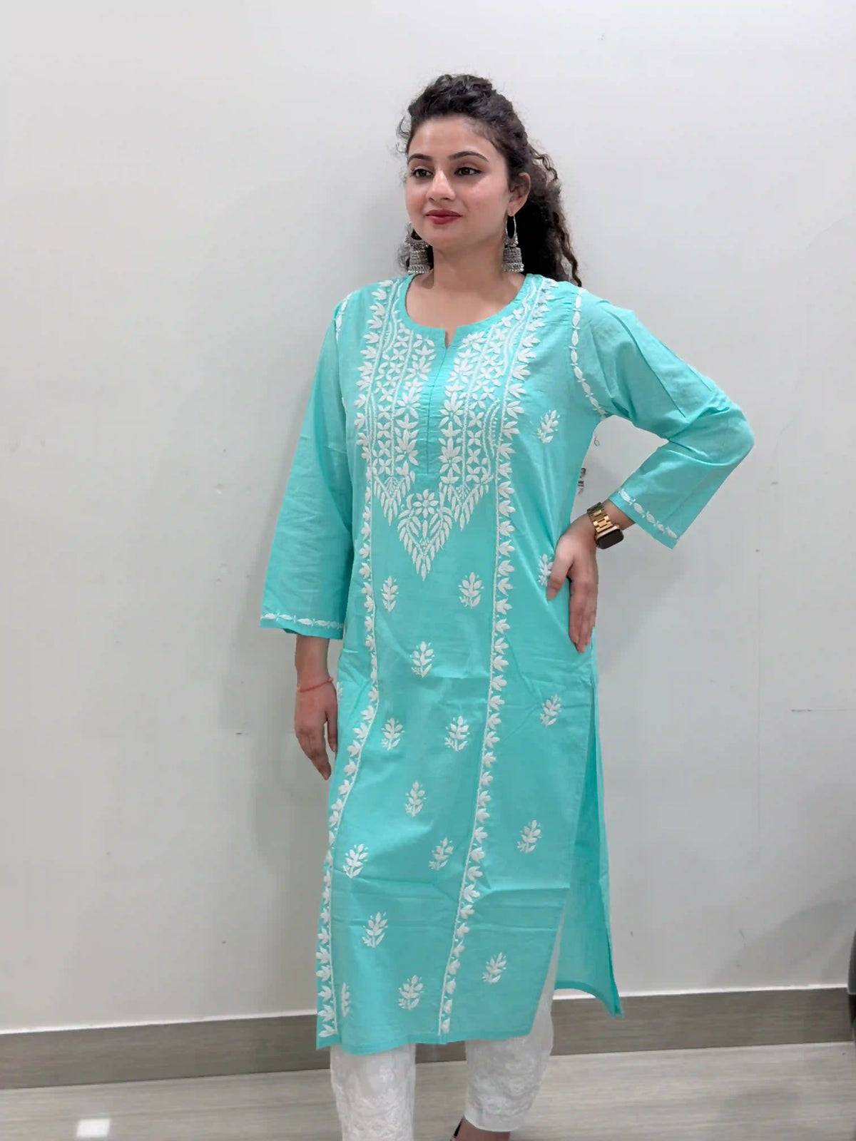 Cotton Chikankari Solid Women's Long Kurta - Sea Green