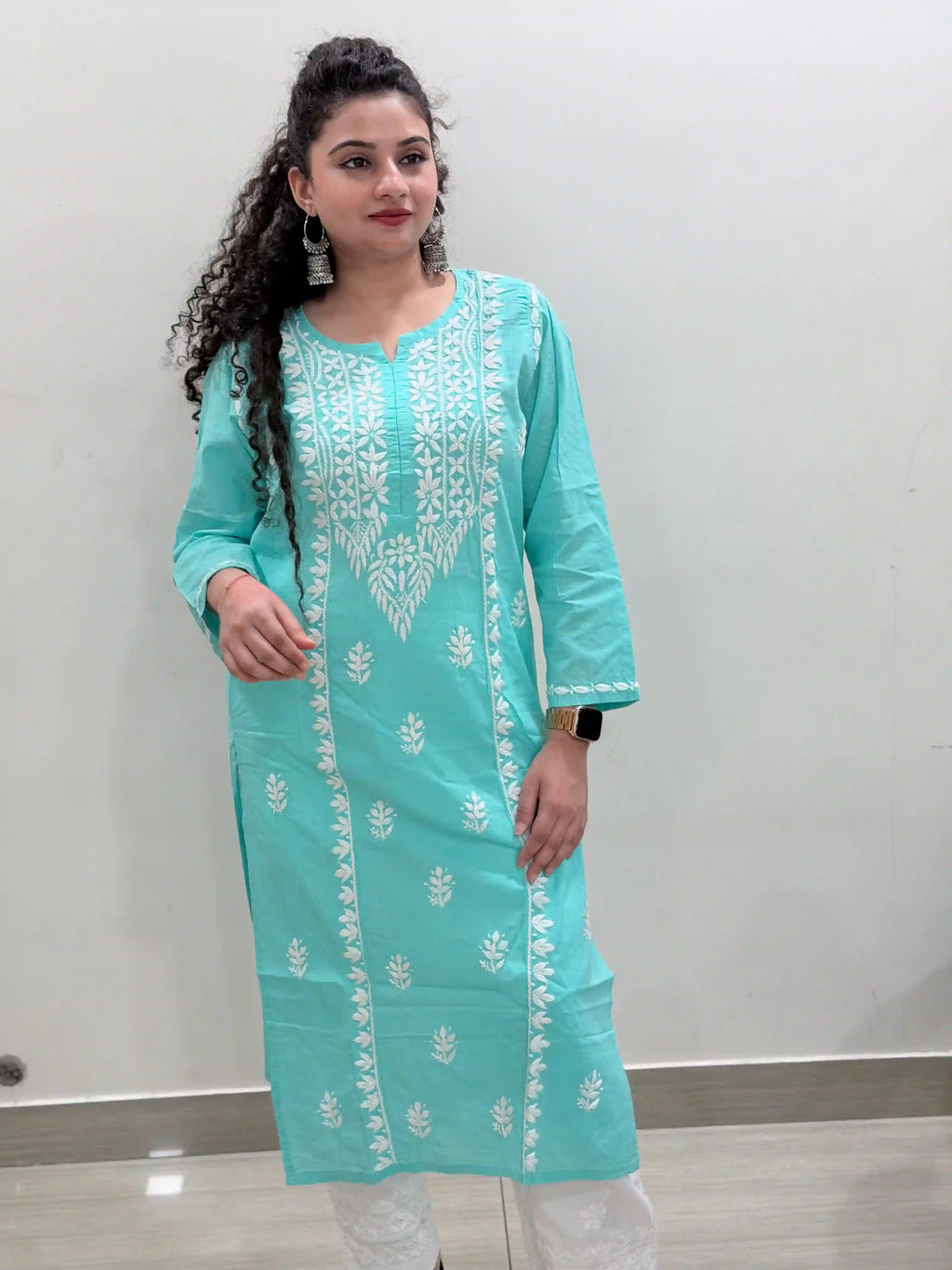 Cotton Chikankari Solid Women's Long Kurta - Sea Green