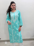 Cotton Chikankari Solid Women's Long Kurta - Sea Green