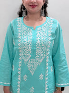 Cotton Chikankari Solid Women's Long Kurta - Sea Green