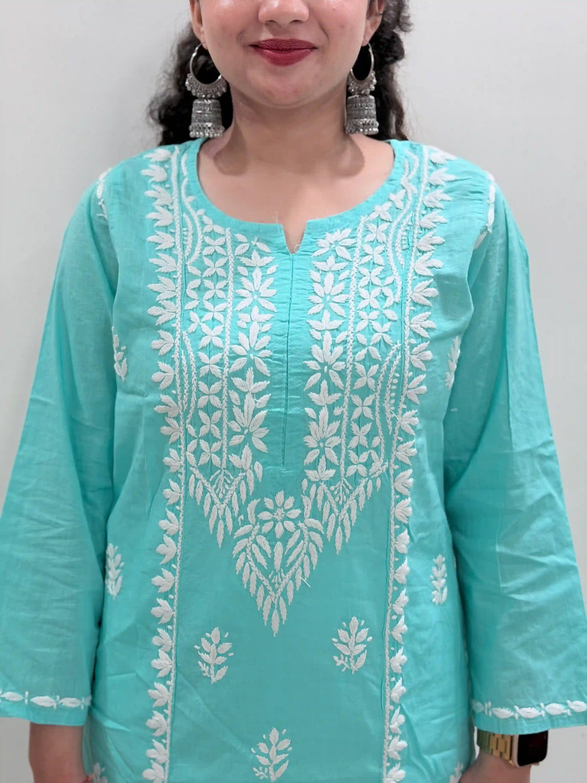 Cotton Chikankari Solid Women's Long Kurta - Sea Green