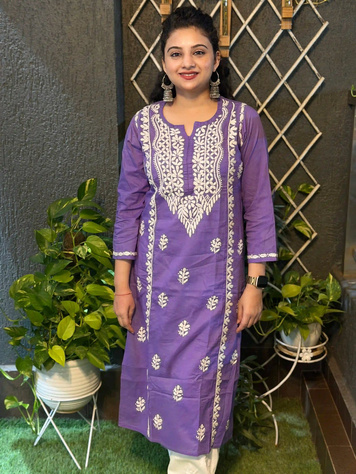 Cotton Chikankari Solid Women's Long Kurta - Purple
