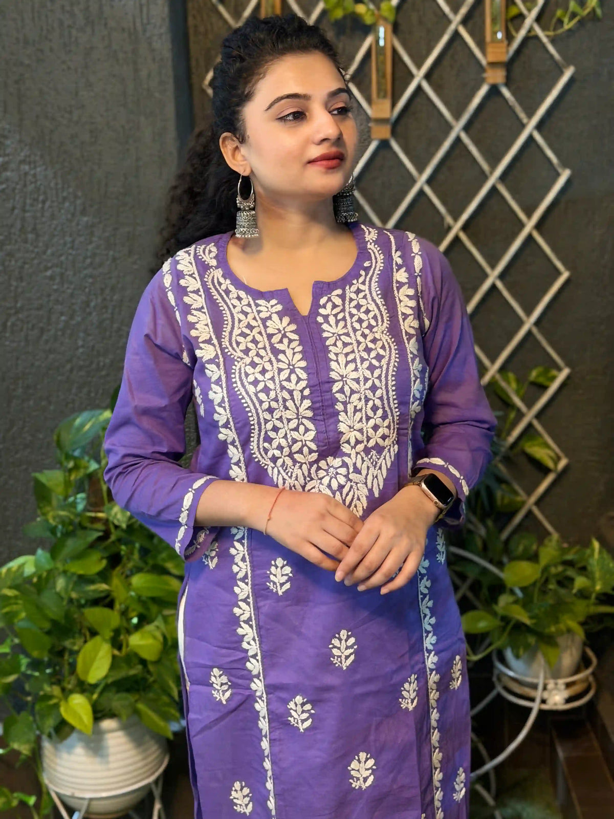 Cotton Chikankari Solid Women's Long Kurta - Purple