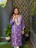 Cotton Chikankari Solid Women's Long Kurta - Purple