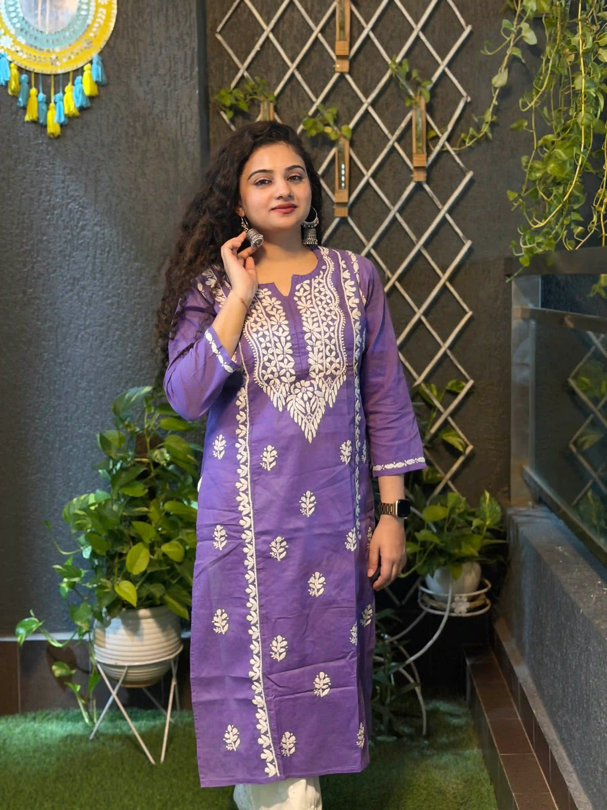 Cotton Chikankari Solid Women's Long Kurta - Purple
