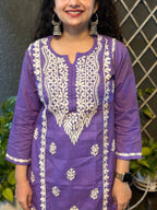 Cotton Chikankari Solid Women's Long Kurta - Purple