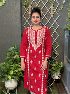 Cotton Chikankari Solid Women's Long Kurta - Red