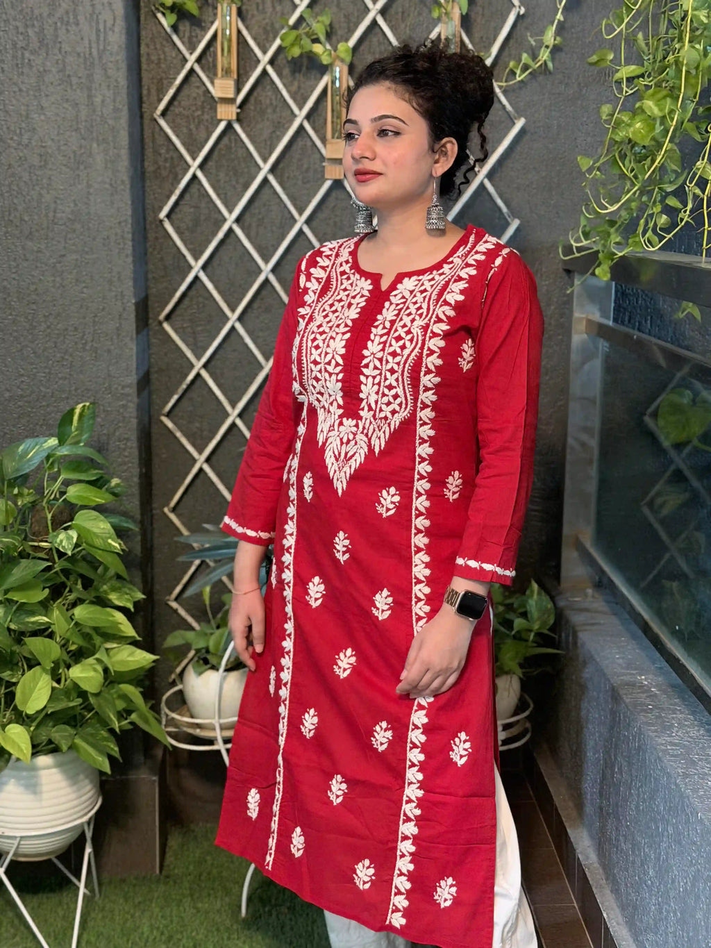 Cotton Chikankari Solid Women's Long Kurta - Red