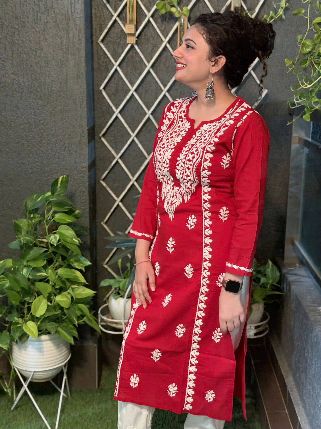 Cotton Chikankari Solid Women's Long Kurta - Red