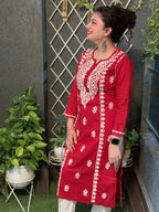 Cotton Chikankari Solid Women's Long Kurta - Red
