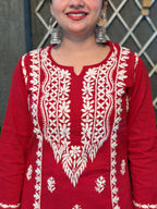 Cotton Chikankari Solid Women's Long Kurta - Red