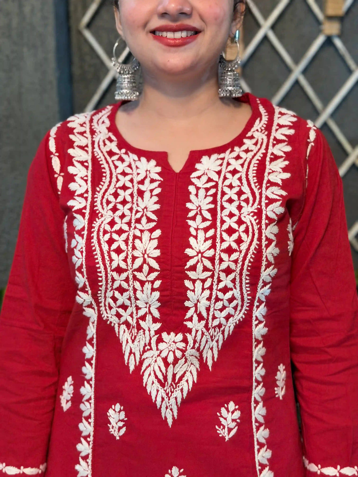 Cotton Chikankari Solid Women's Long Kurta - Red
