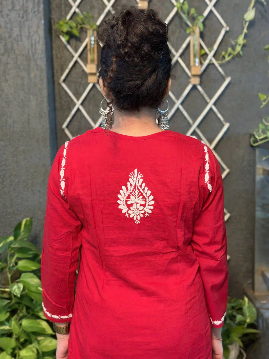 Cotton Chikankari Solid Women's Long Kurta - Red