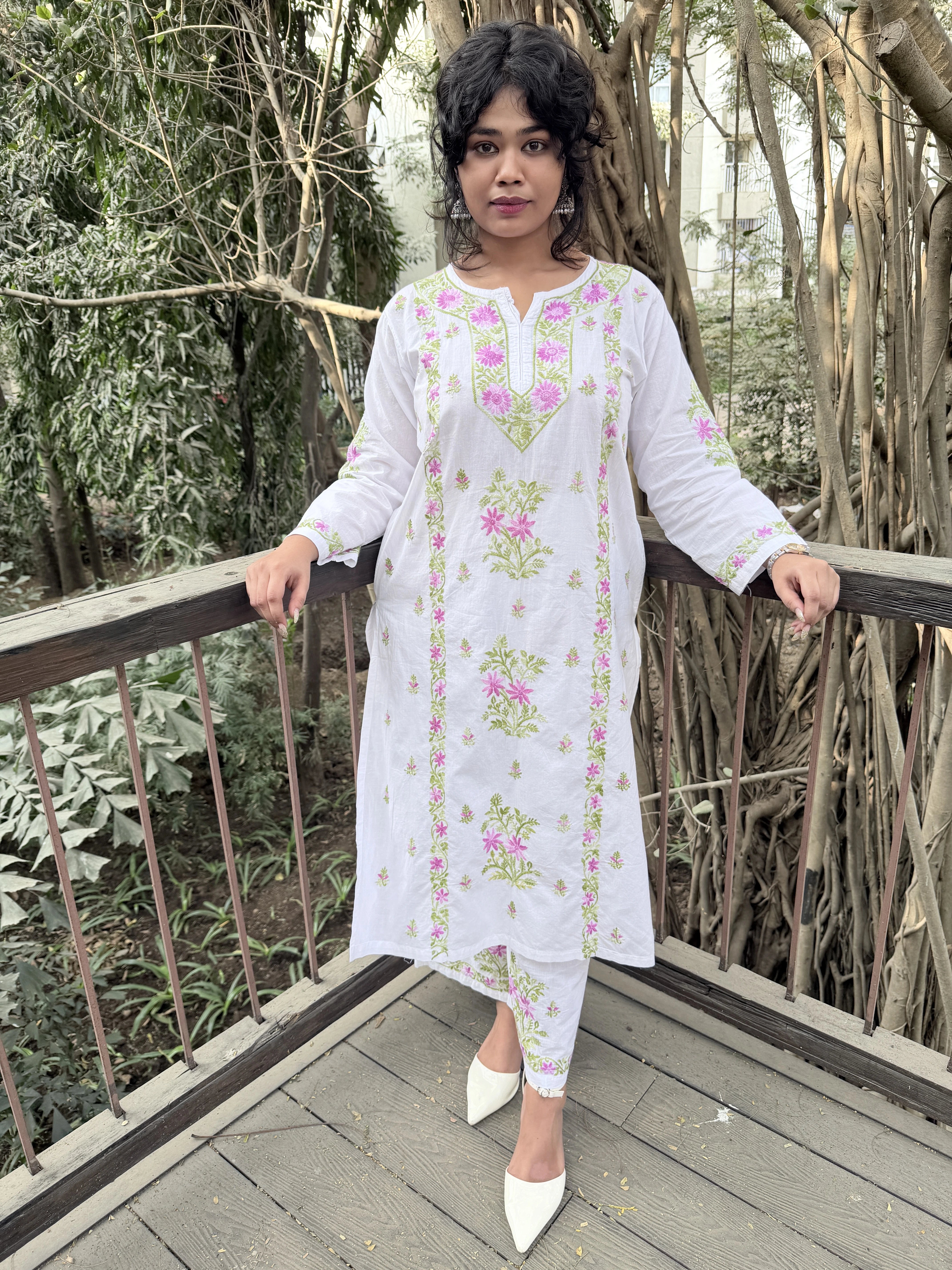 Pure Cotton Chikankari Palazzo Set with Color-Thread Hand Embroidery