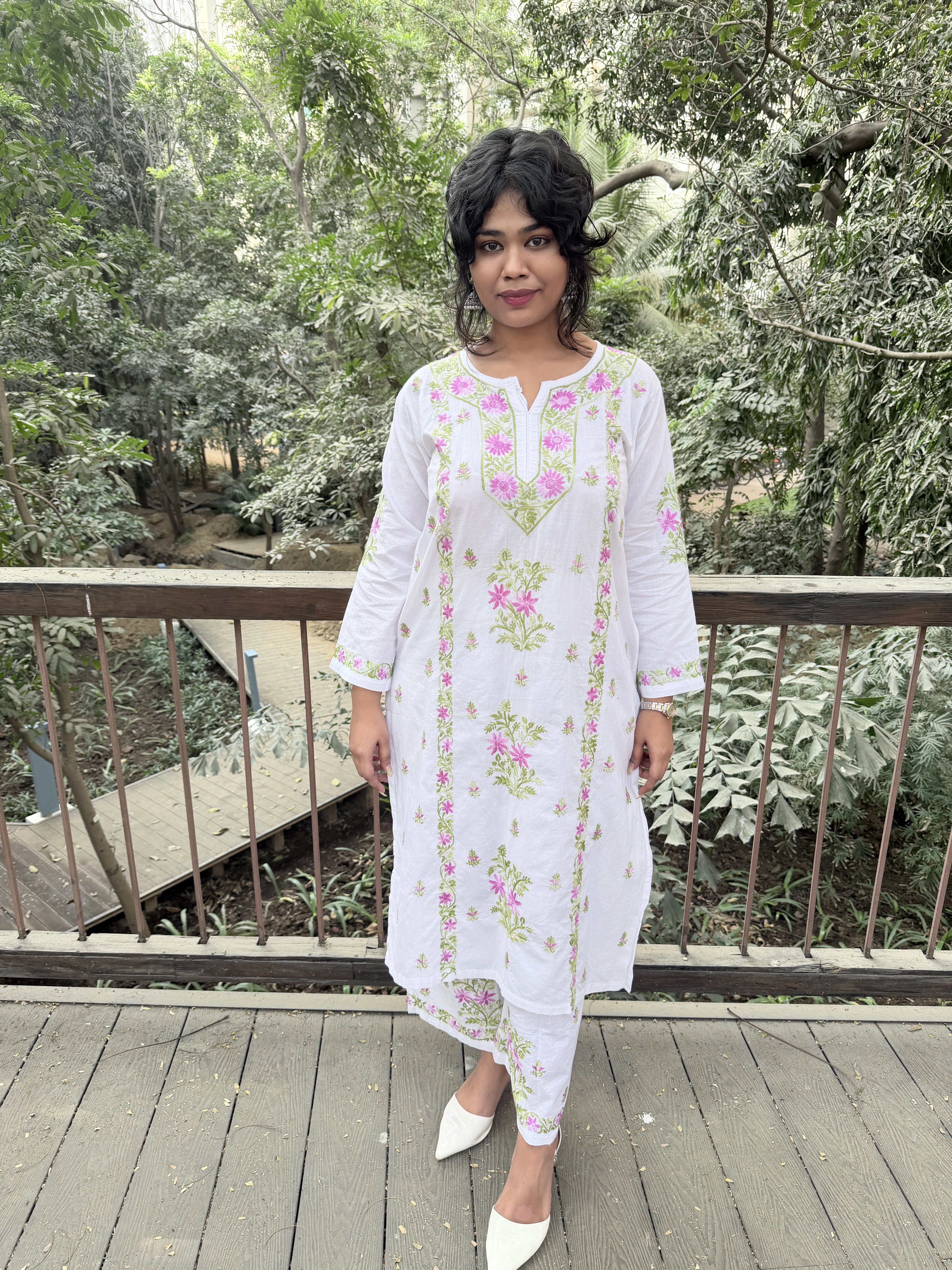 Pure Cotton Chikankari Palazzo Set with Color-Thread Hand Embroidery