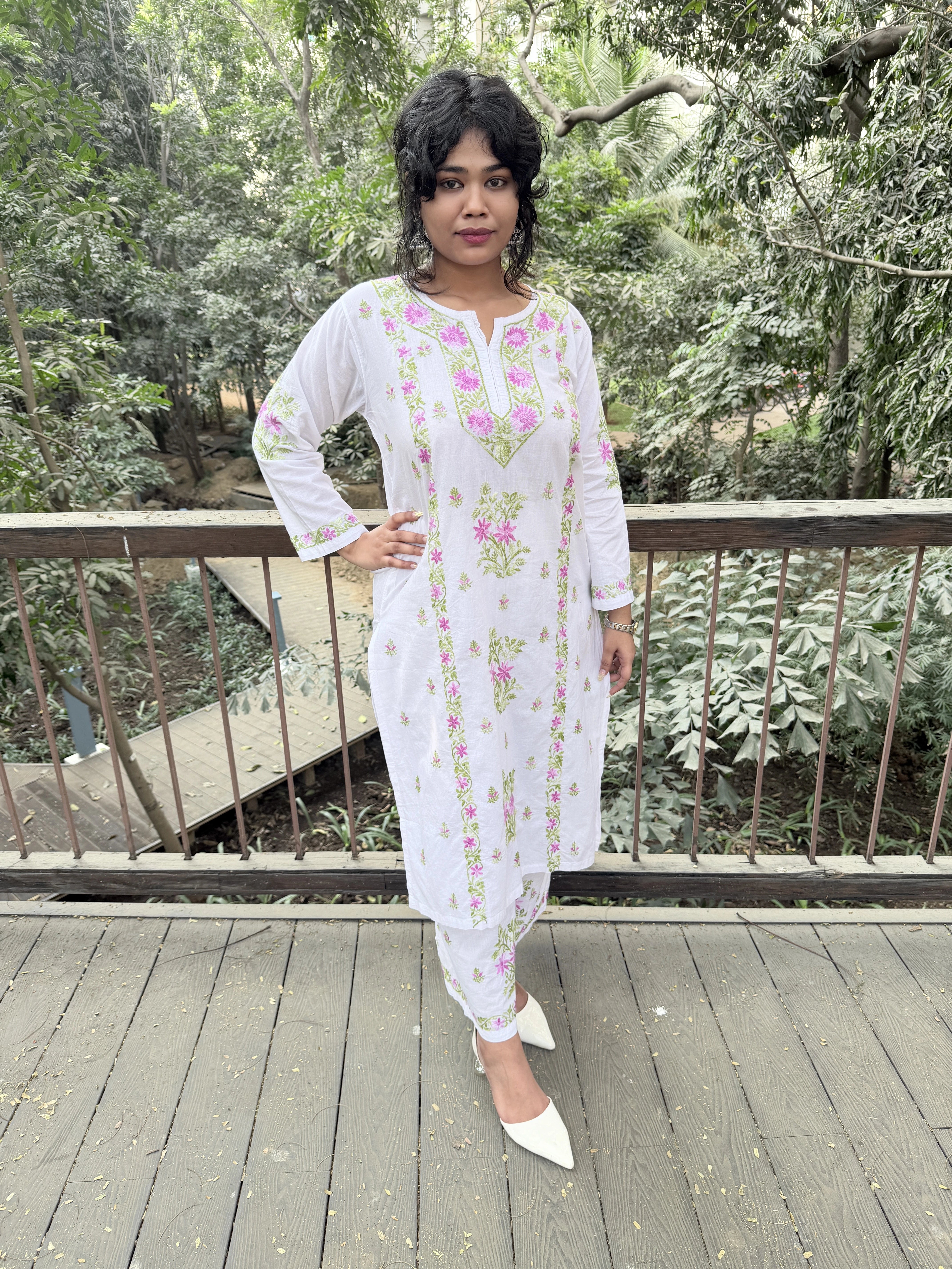 Pure Cotton Chikankari Palazzo Set with Color-Thread Hand Embroidery