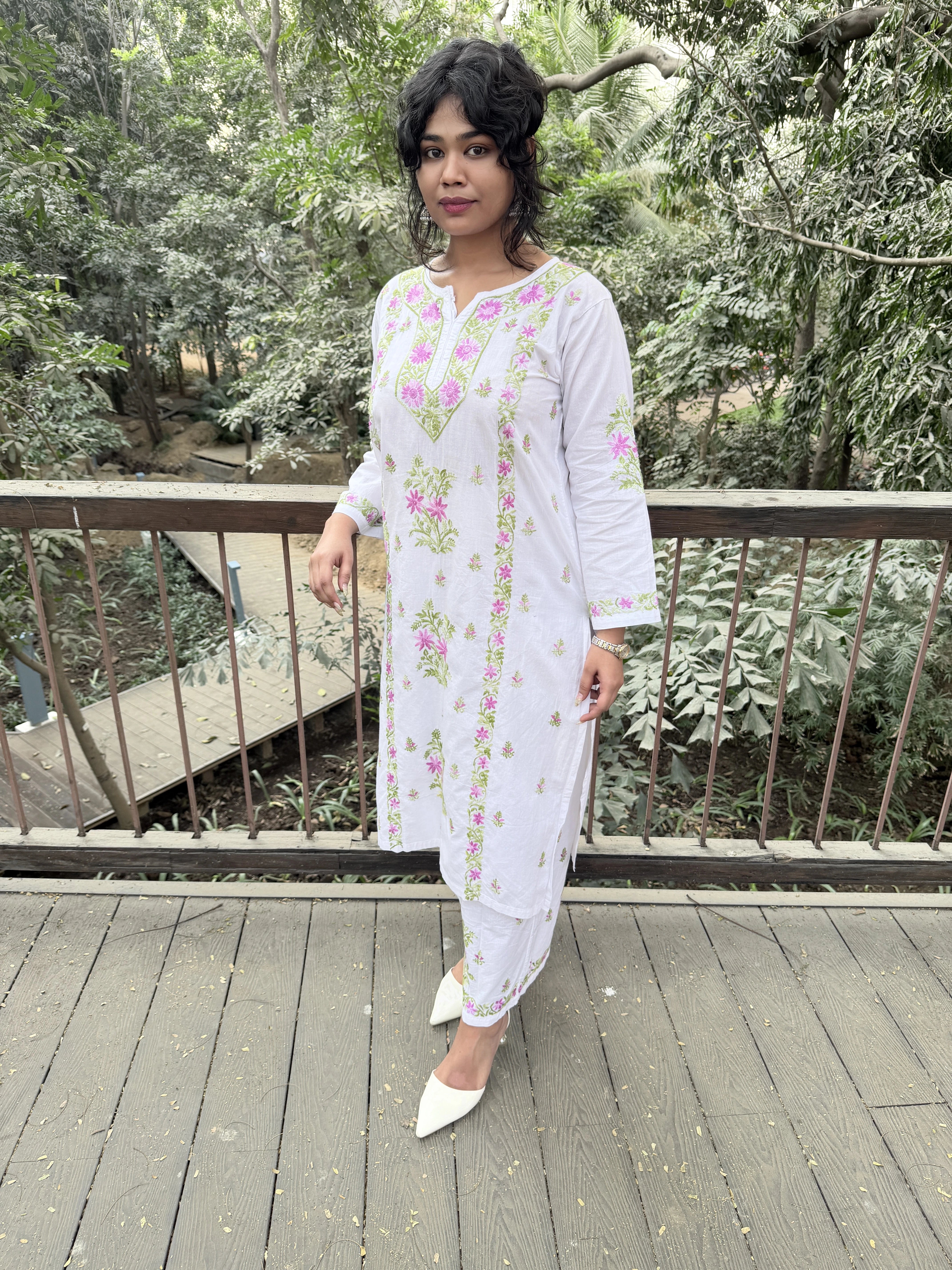 Pure Cotton Chikankari Palazzo Set with Color-Thread Hand Embroidery