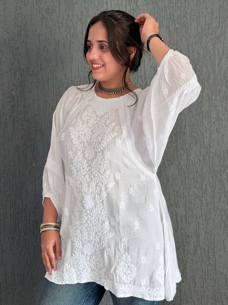White Premium Muslin Chikankari Puff Sleeve Kurti