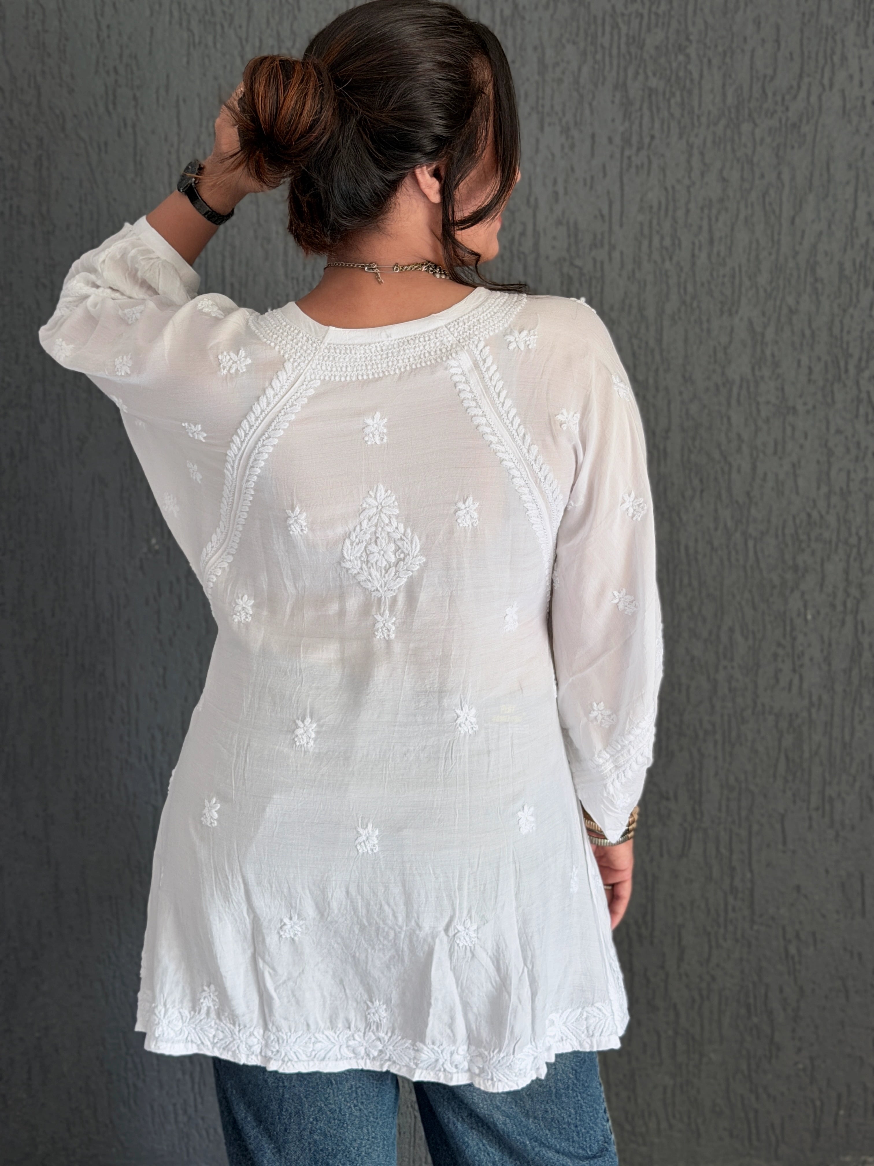 White Premium Muslin Chikankari Puff Sleeve Kurti