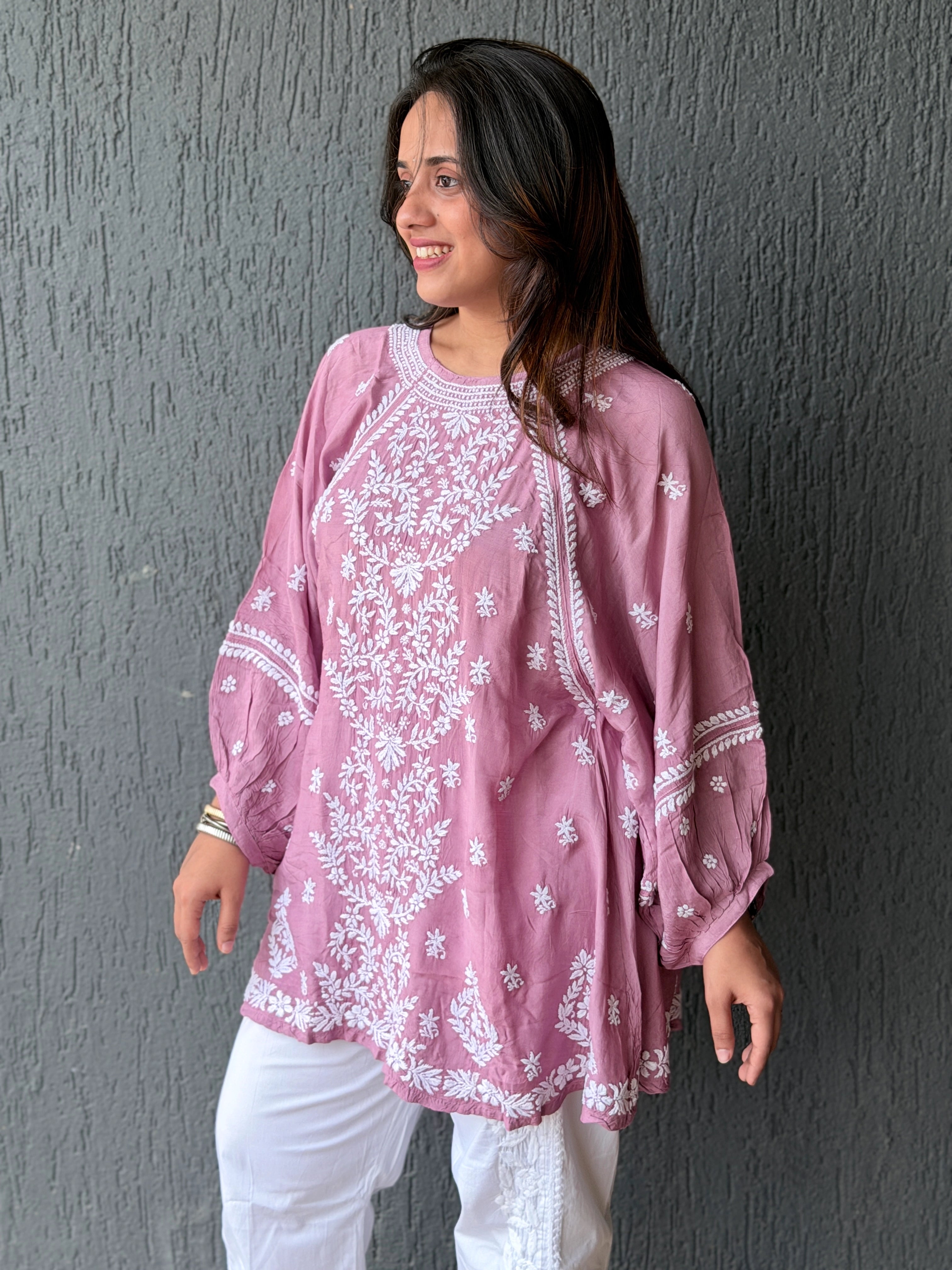 Onion Pink Premium Muslin Chikankari Puff Sleeve Kurti