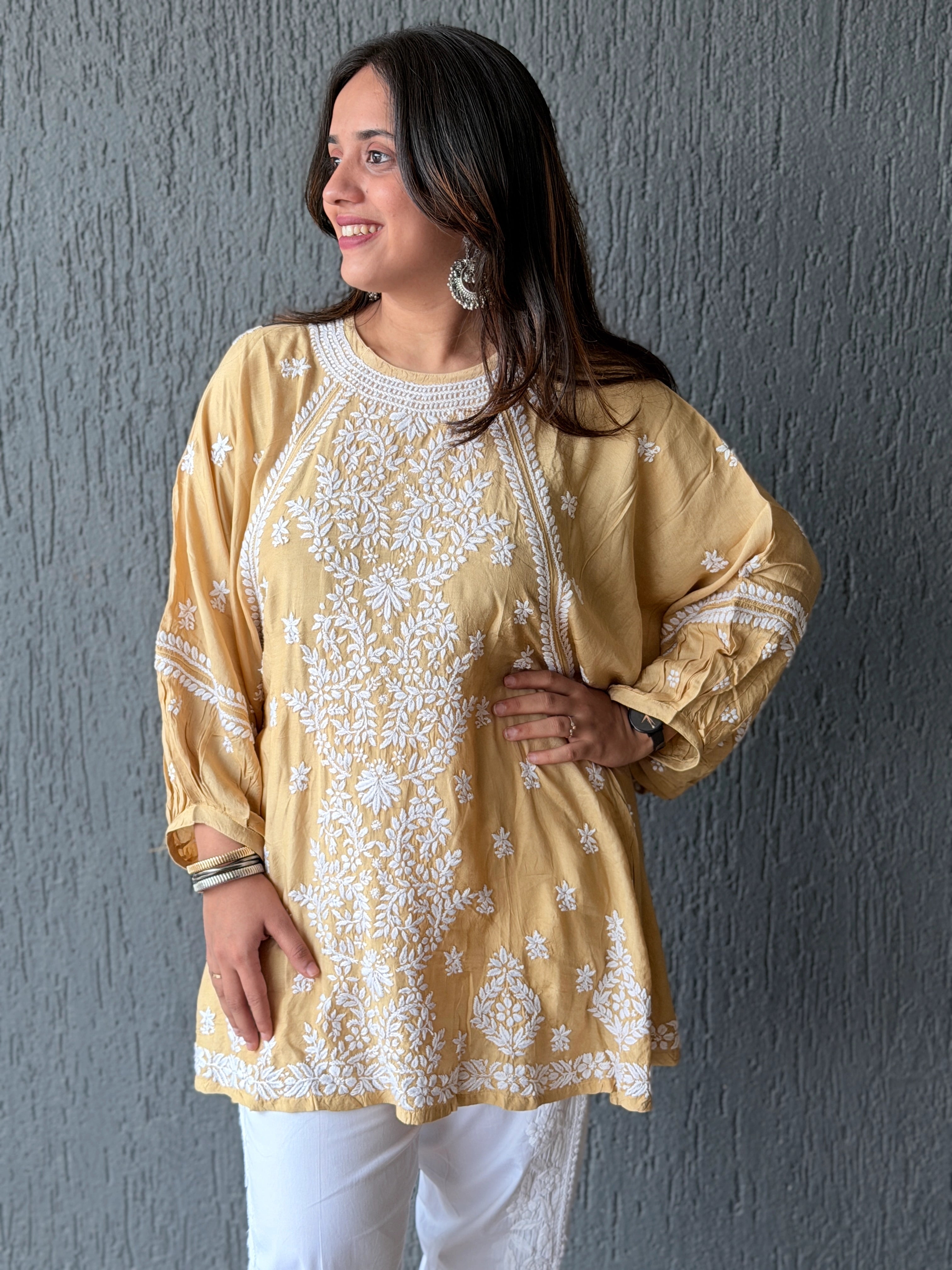 Premium Beige Muslin Chikankari Puff Sleeve Kurti