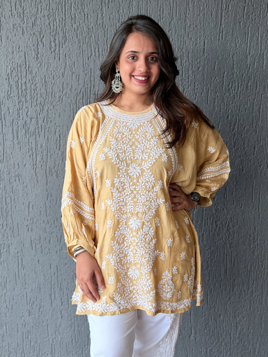 Premium Beige Muslin Chikankari Puff Sleeve Kurti