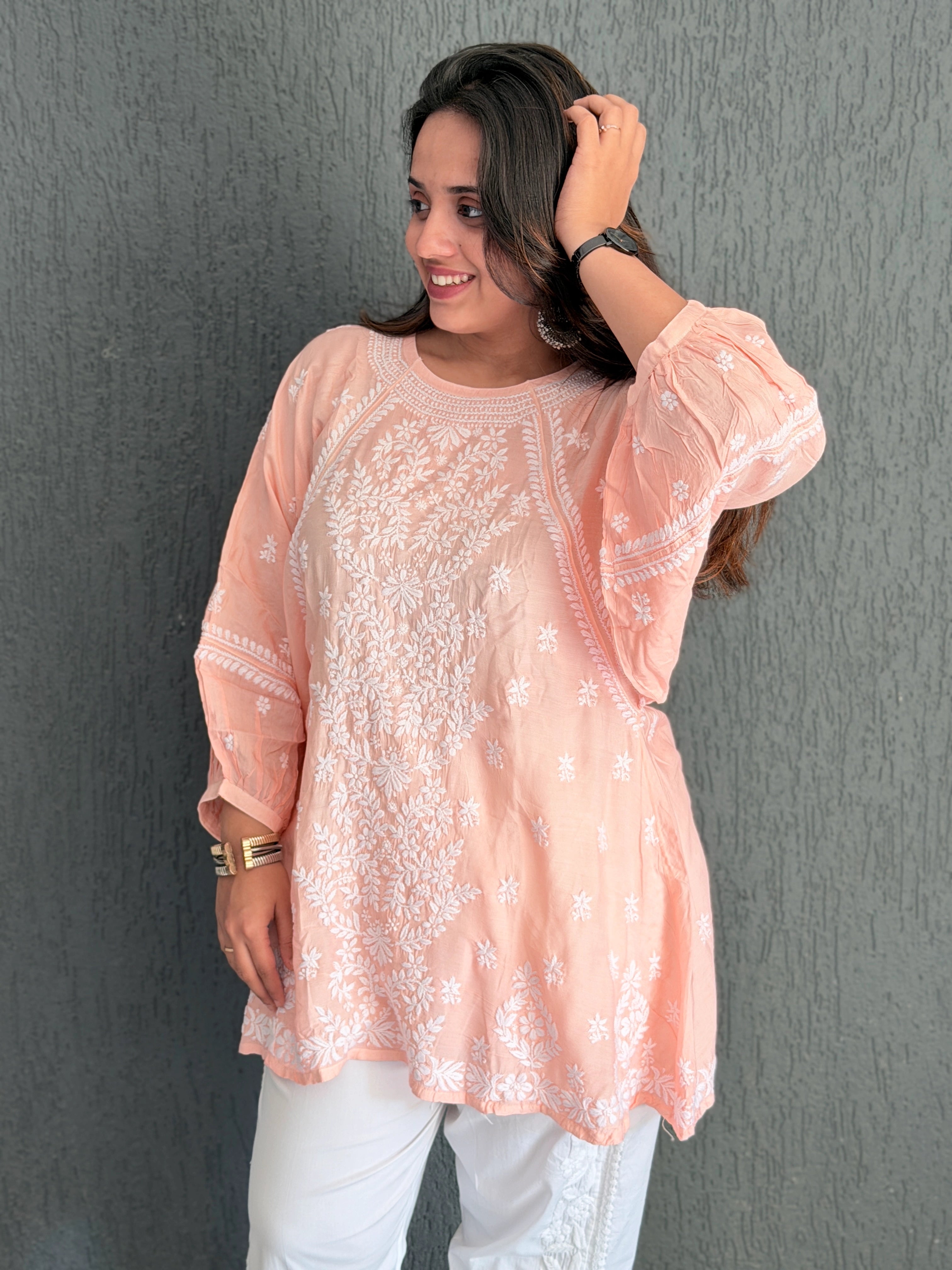 Premium Peach Muslin Chikankari Puff Sleeve Kurti