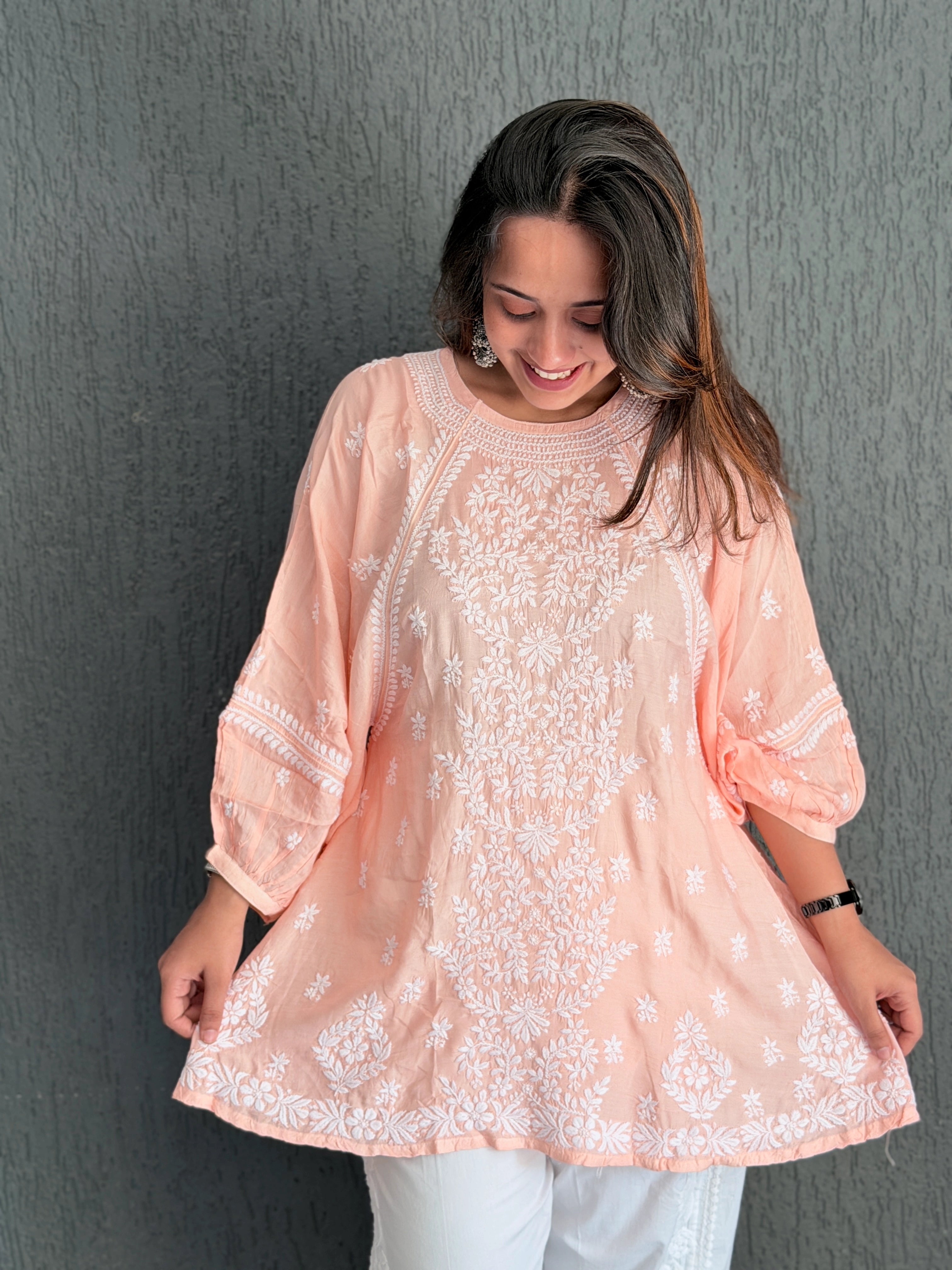 Premium Peach Muslin Chikankari Puff Sleeve Kurti